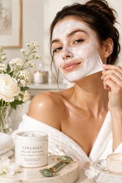 Woman with glowing skin applying collagen peel-off face mask in a spa-inspired setting